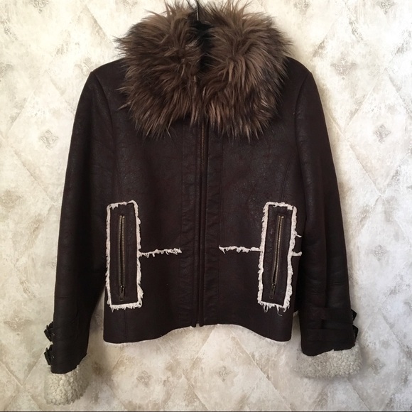 FAUX LEATHER & FAUX FUR SHERPA WINTER COAT - Picture 1 of 9